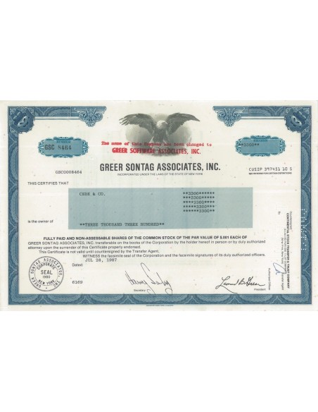 GREER SONTAG ASSOCIATES, INC - 3300 AZIONI - 1987