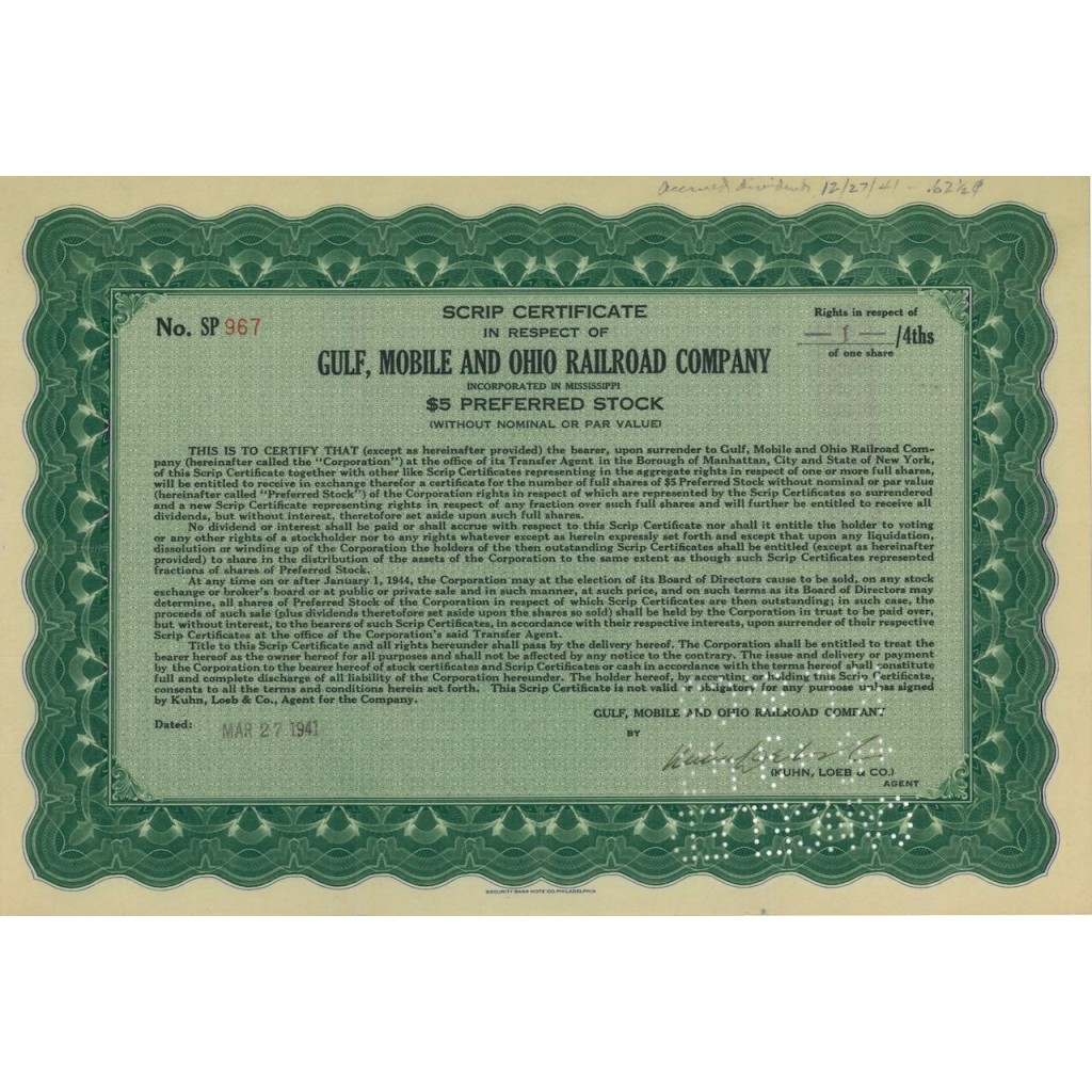 GULF, MOBILE AND OHIO RAILROAD COMPANY - 1 AZIONE - 1941