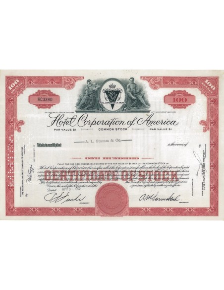 HOTEL CORPORATION OF AMERICA - 100 AZIONI - 1957