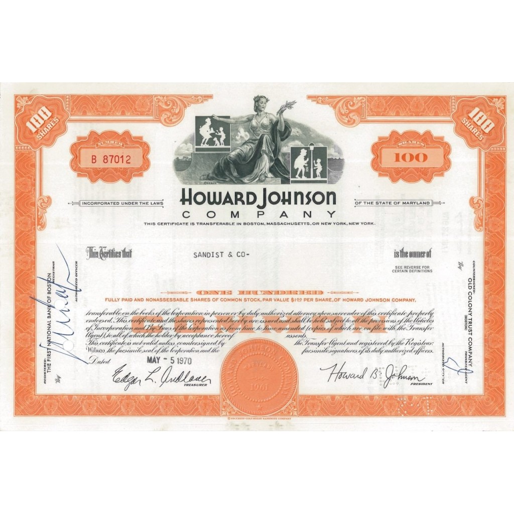 HOWARD JOHNSON COMPANY - 100 AZIONI - 1970