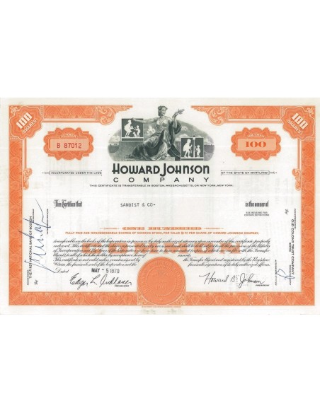 HOWARD JOHNSON COMPANY - 100 AZIONI - 1970