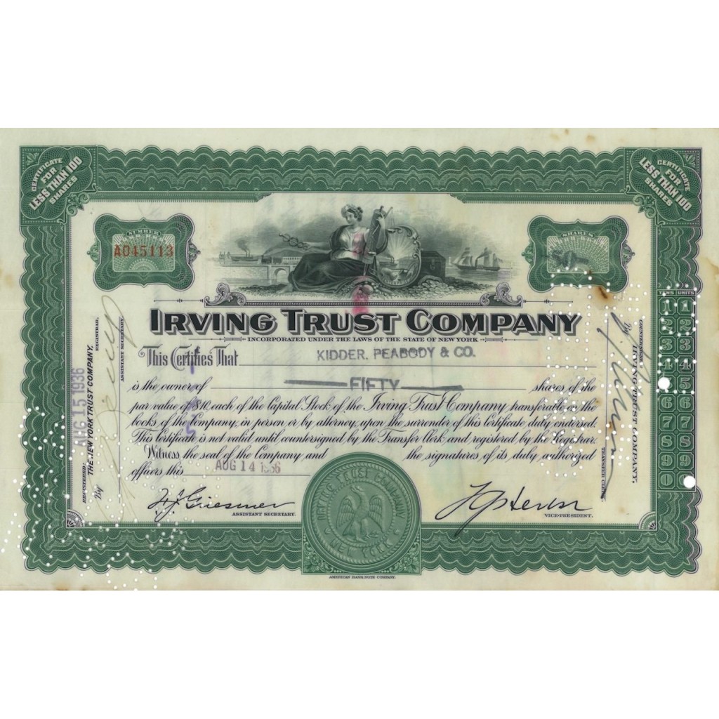 IRVING TRUST COMPANY - 50 AZIONI - 1936