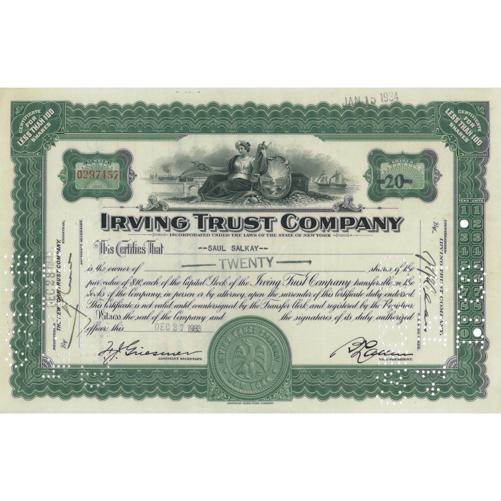 IRVING TRUST COMPANY - 20 AZIONI - 1933