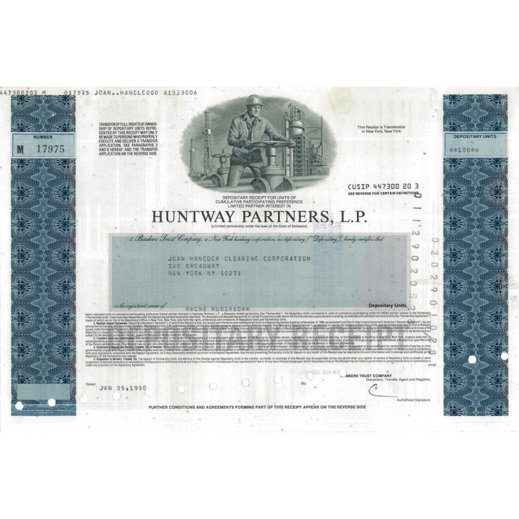 HUNTWAY PARTNERS, LP - 100 DEPOSITARY UNITS - 1990