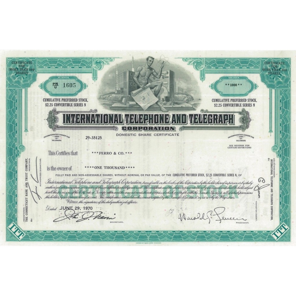 INTERNATIONAL TELEPHONE AND TELEGRAPH CORP. 1000 AZIONI - 1970