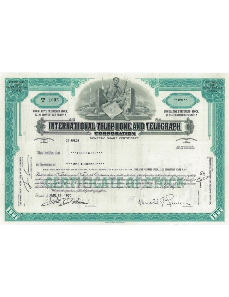 INTERNATIONAL TELEPHONE AND TELEGRAPH CORP. 1000 AZIONI - 1970