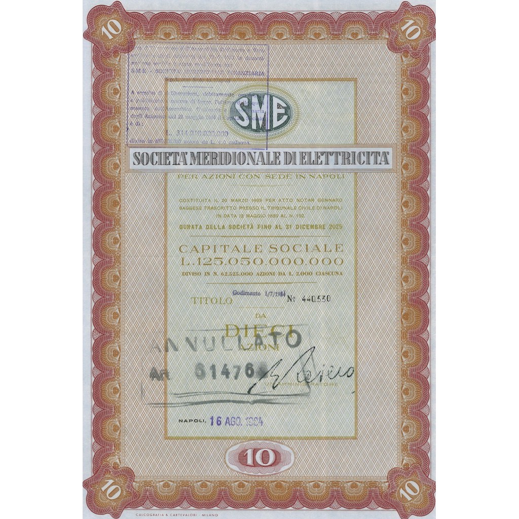 SME MERIDIONALE DI ELETTRICITA` 10 AZIONI NAPOLI 1984