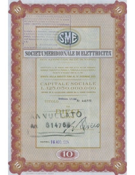 SME MERIDIONALE DI ELETTRICITA` 10 AZIONI NAPOLI 1984