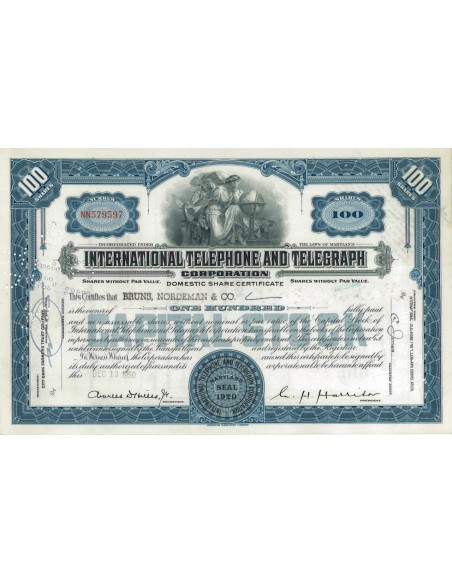INTERNATIONAL TELEPHONE AND TELEGRAPH CORP. 100 AZIONI - 1950