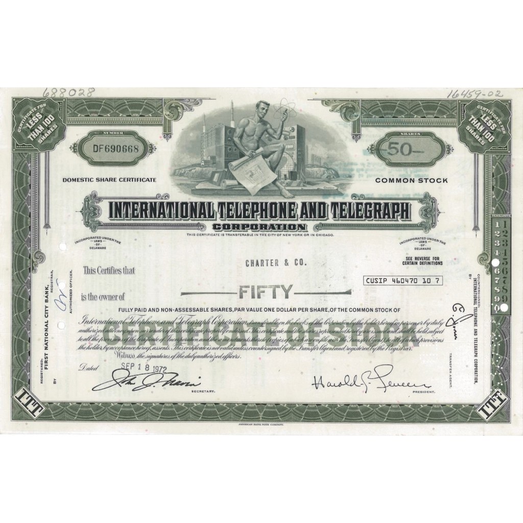 INTERNATIONAL TELEPHONE AND TELEGRAPH CORP. 50 AZIONI - 1972