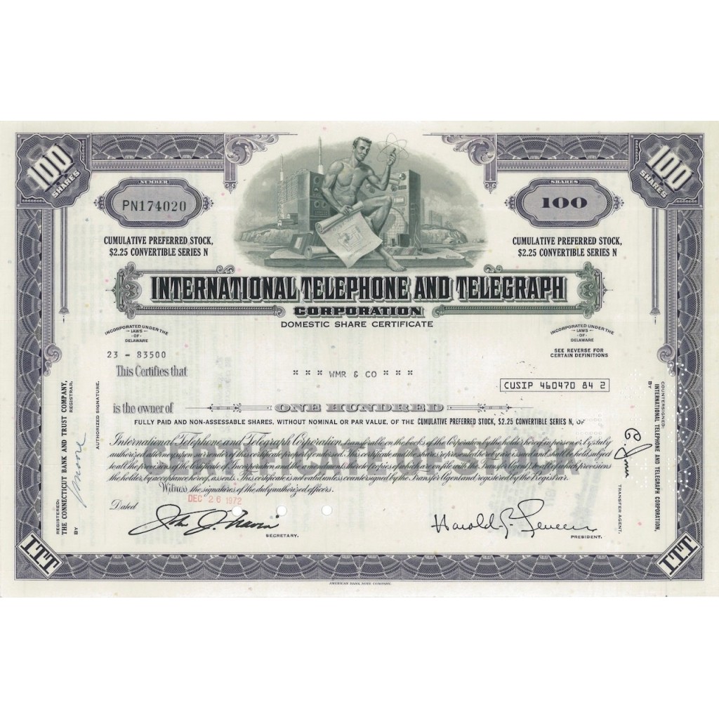 INTERNATIONAL TELEPHONE AND TELEGRAPH CORP. 100 AZIONI - 1972