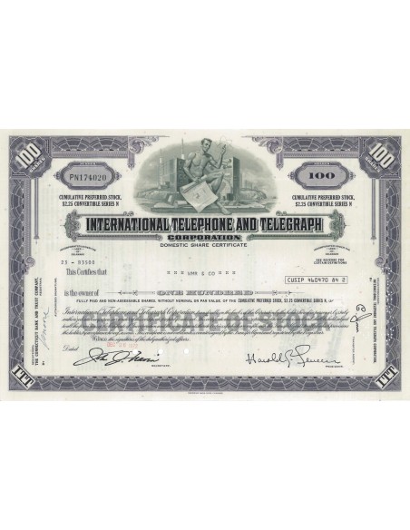 INTERNATIONAL TELEPHONE AND TELEGRAPH CORP. 100 AZIONI - 1972