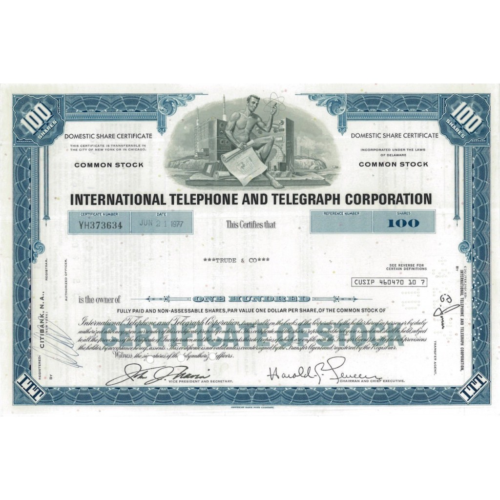 INTERNATIONAL TELEPHONE AND TELEGRAPH CORP. 100 AZIONI - 1972