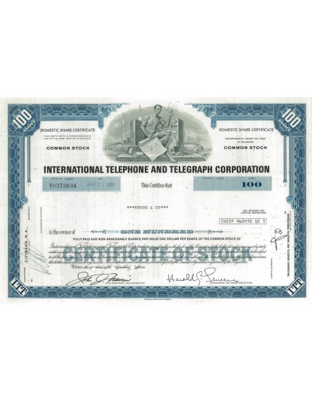 INTERNATIONAL TELEPHONE AND TELEGRAPH CORP. 100 AZIONI - 1972