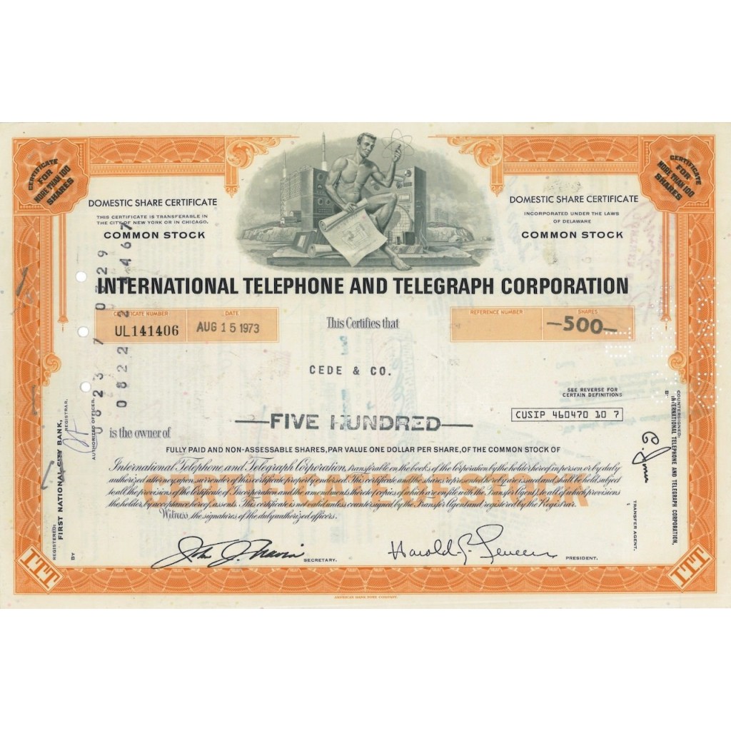 INTERNATIONAL TELEPHONE AND TELEGRAPH CORP. 500 AZIONI - 1973