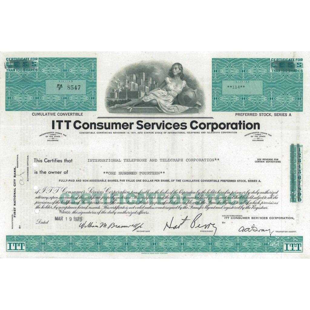 ITT CONSUMER SERVICES CORPORATION - 114 AZIONI - 1973