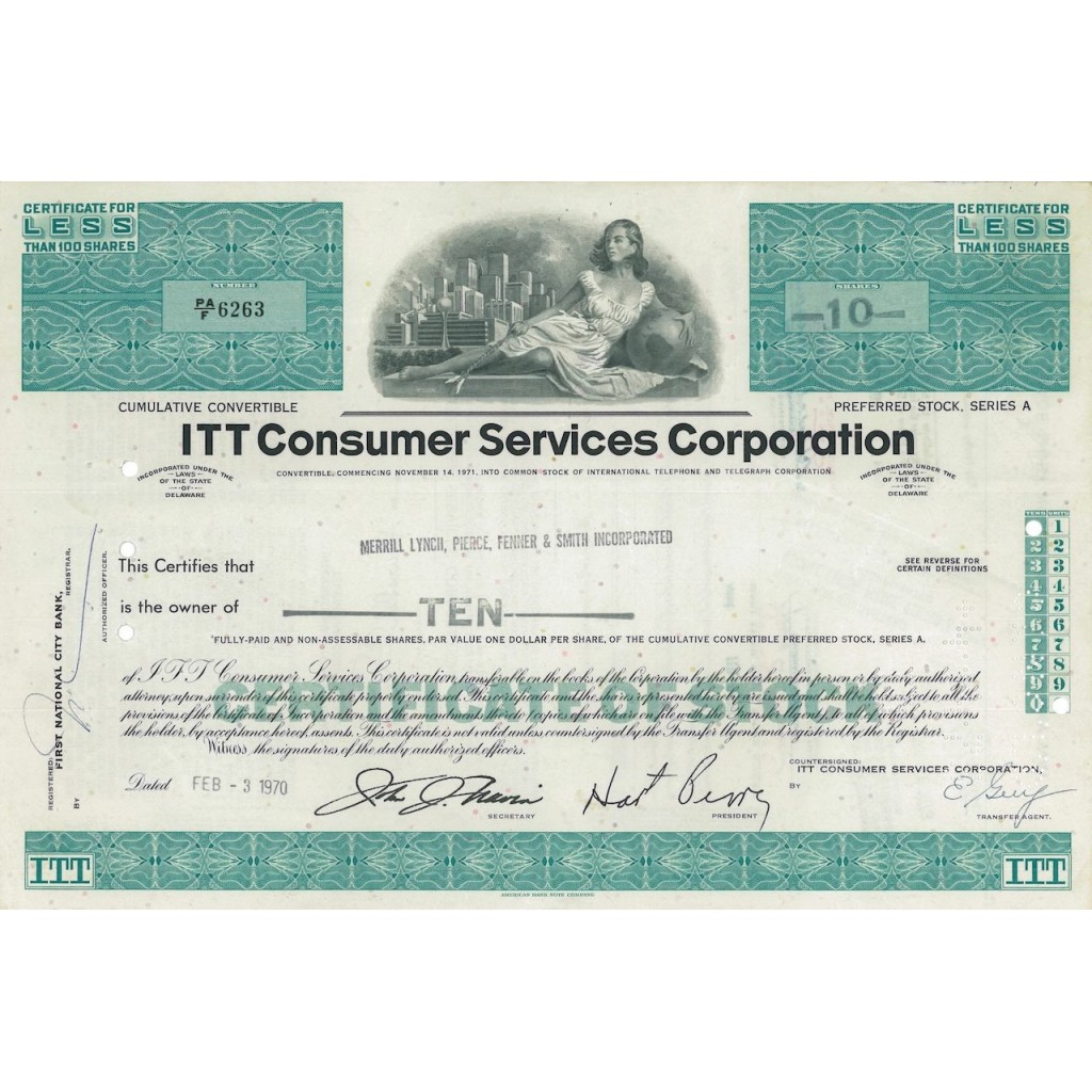 ITT CONSUMER SERVICES CORPORATION - 10 AZIONI - 1970