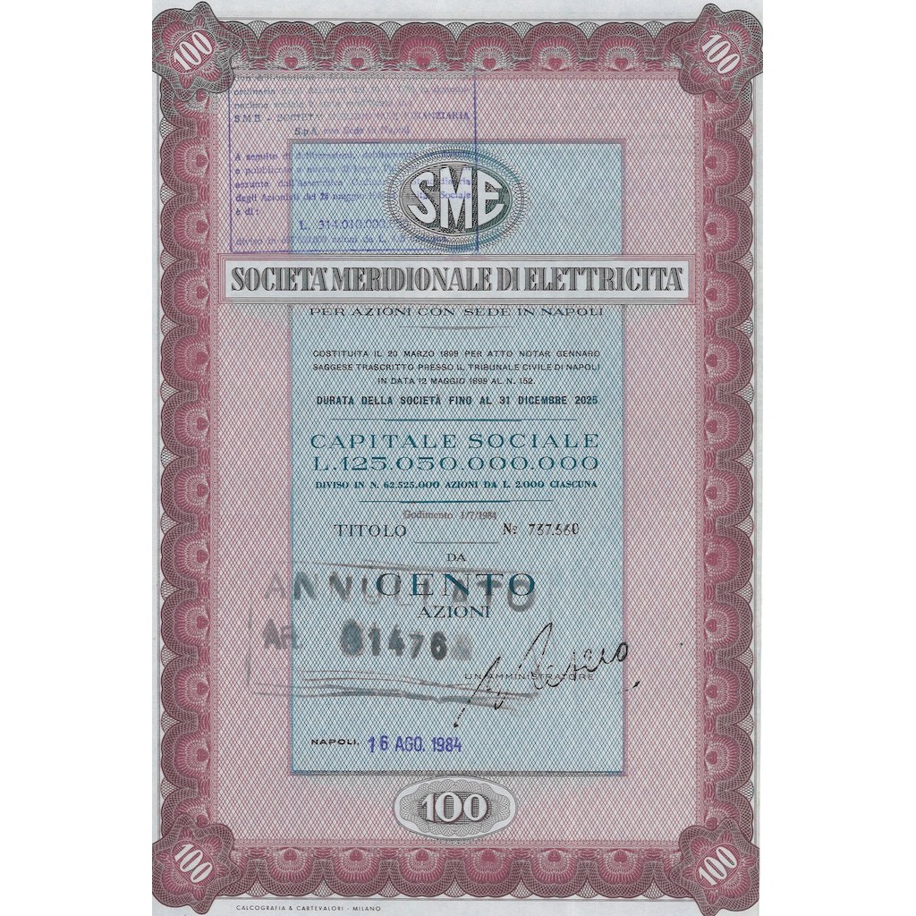 SME MERIDIONALE DI ELETTRICITA` 100 AZIONI NAPOLI 1984