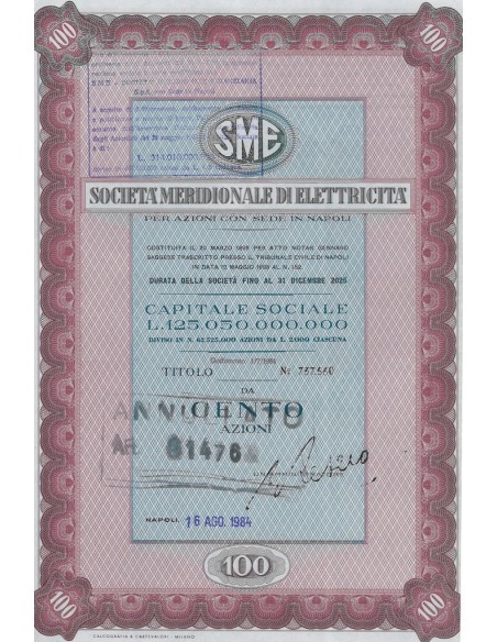 SME MERIDIONALE DI ELETTRICITA` 100 AZIONI NAPOLI 1984