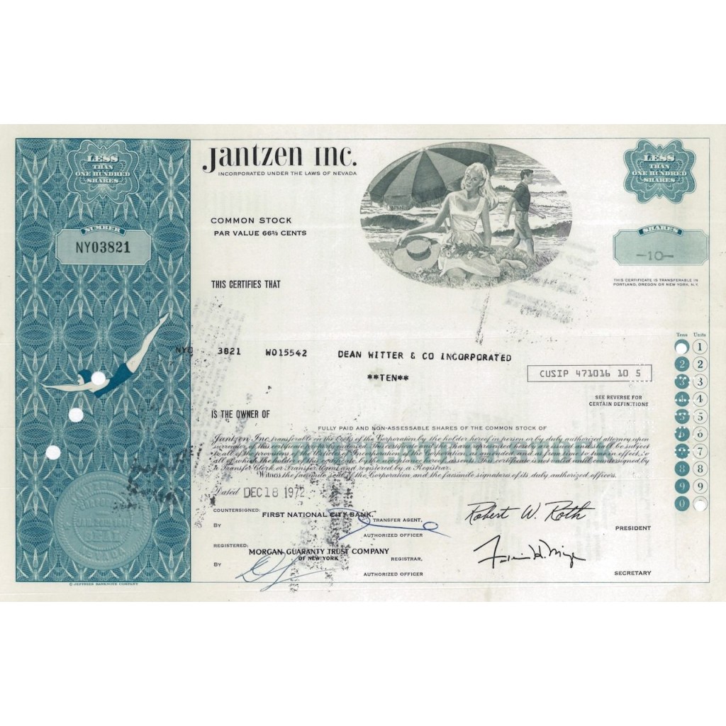 JANTZEN INC. - 10 AZIONI - 1972