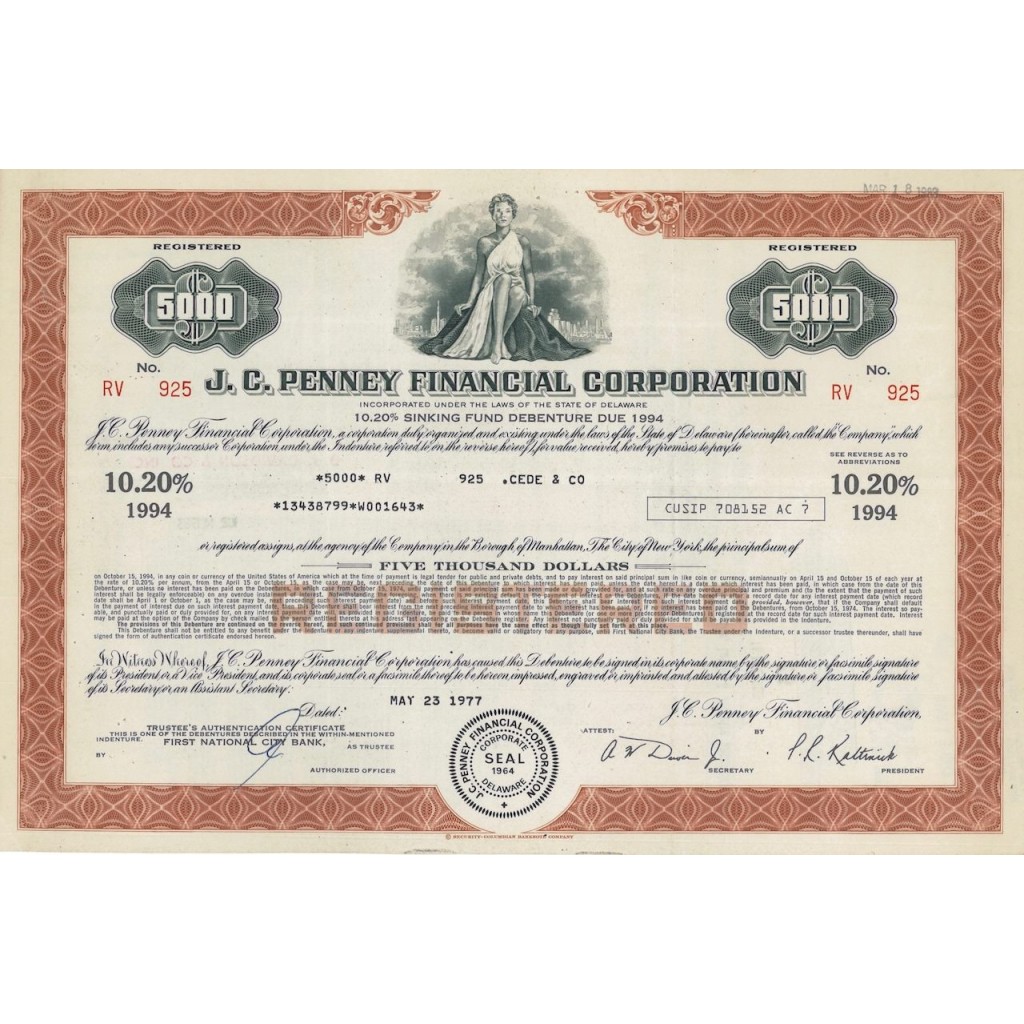 J.C. PENNEY FINANCIAL CORPORATION - 5000 DOLLARI - 1977