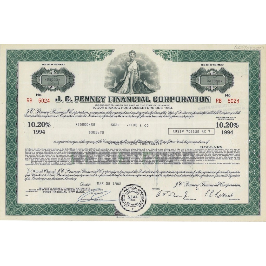 J.C. PENNEY FINANCIAL CORPORATION - 25000 DOLLARI - 1982