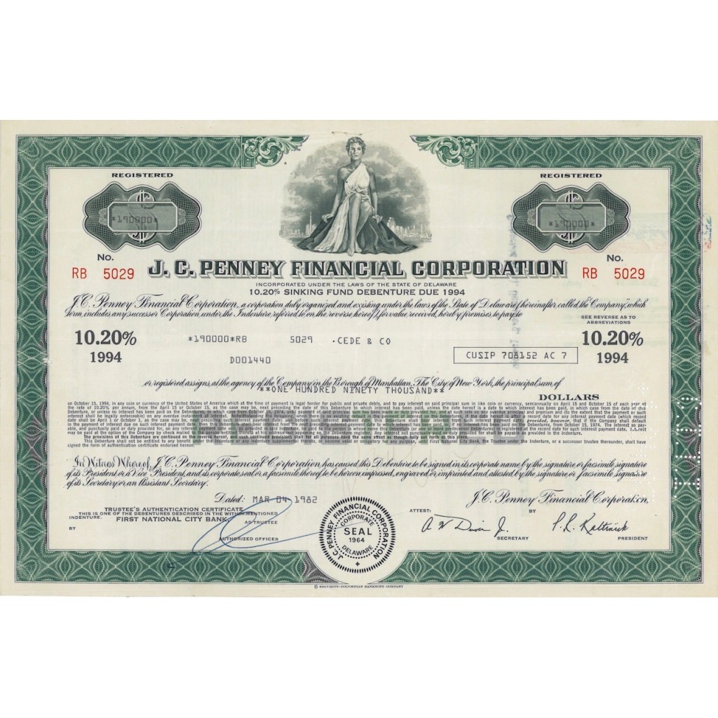 J.C. PENNEY FINANCIAL CORPORATION - 190000 DOLLARI - 1982