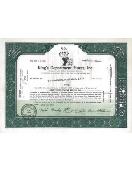 KING'S DEPARTMENT STORES, INC. 5 AZIONI - 1962