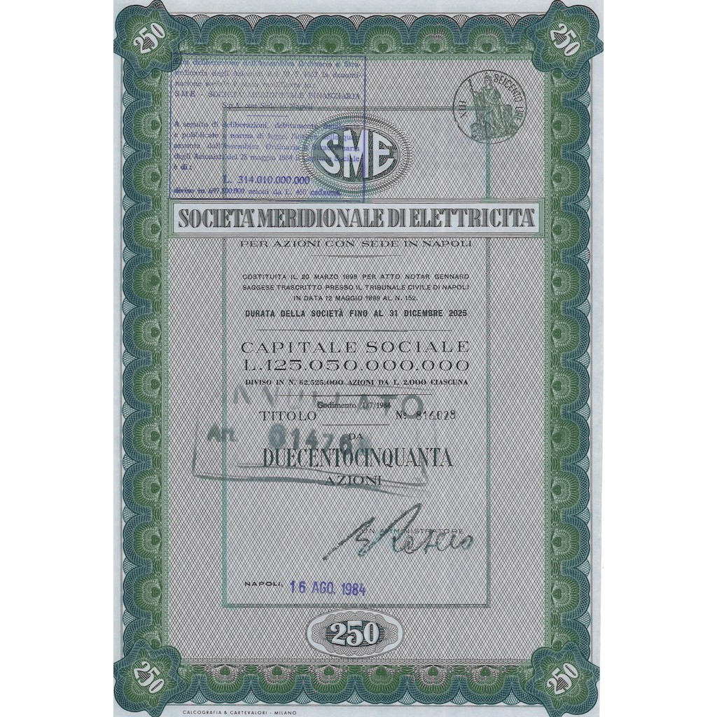 SME MERIDIONALE DI ELETTRICITA` 250 AZIONI NAPOLI 1984