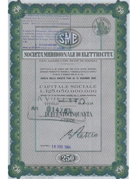 SME MERIDIONALE DI ELETTRICITA` 250 AZIONI NAPOLI 1984