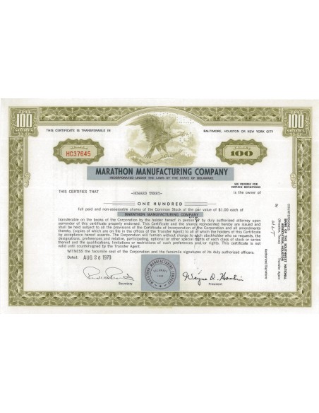 MARATHON MANUFACTURING COMPANY - 100 AZIONI - 1970