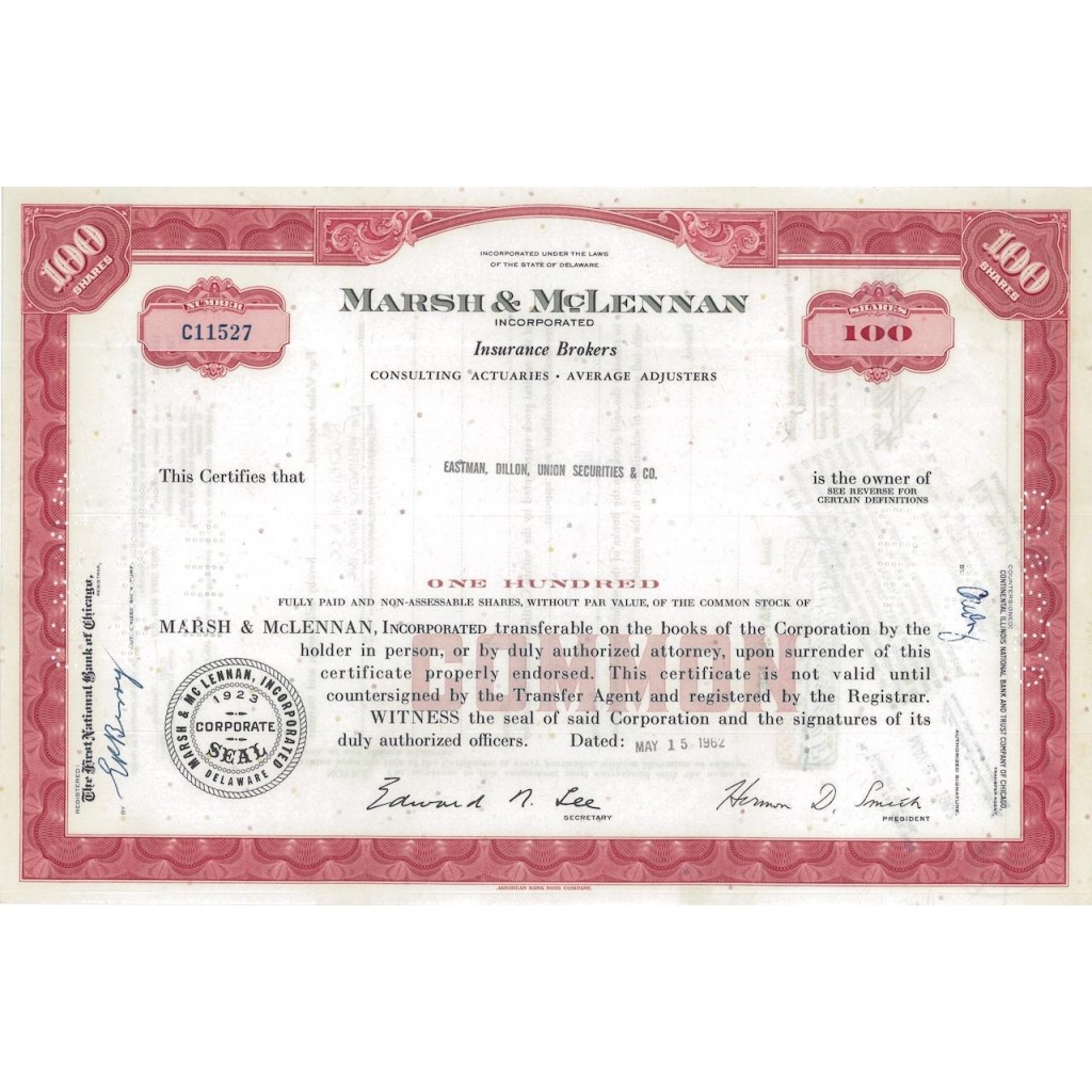 MARSH AND MCLENNAN INCORPORATED - 100 AZIONI - 1962