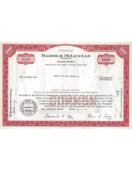 MARSH AND MCLENNAN INCORPORATED - 100 AZIONI - 1962