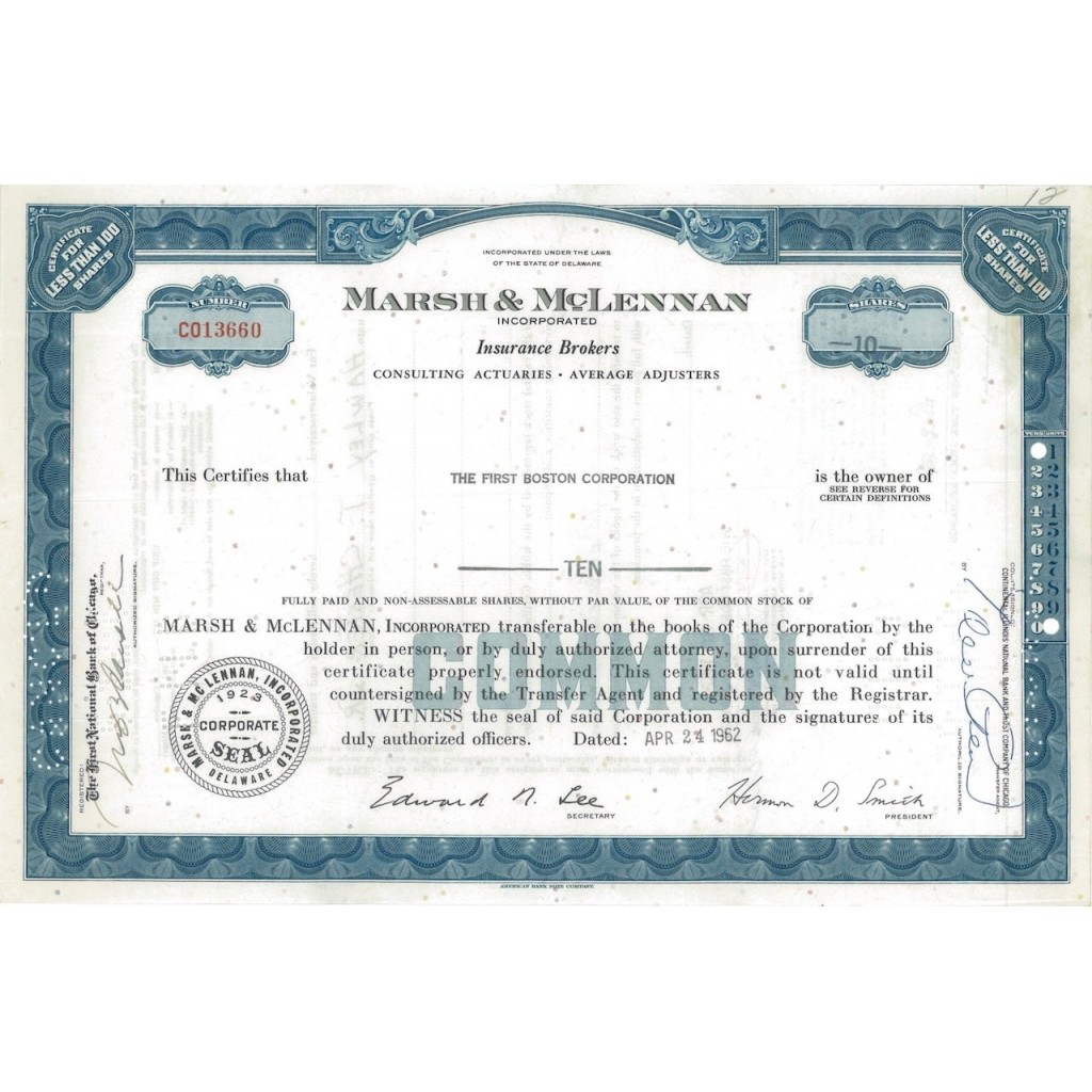 MARSH AND MCLENNAN INCORPORATED - 10 AZIONI - 1962