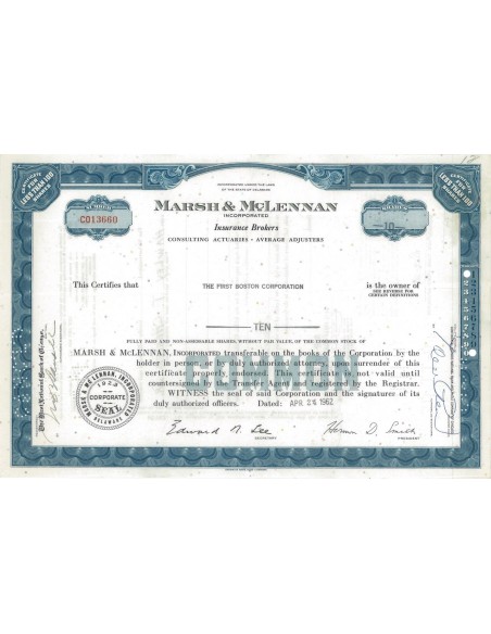 MARSH AND MCLENNAN INCORPORATED - 10 AZIONI - 1962