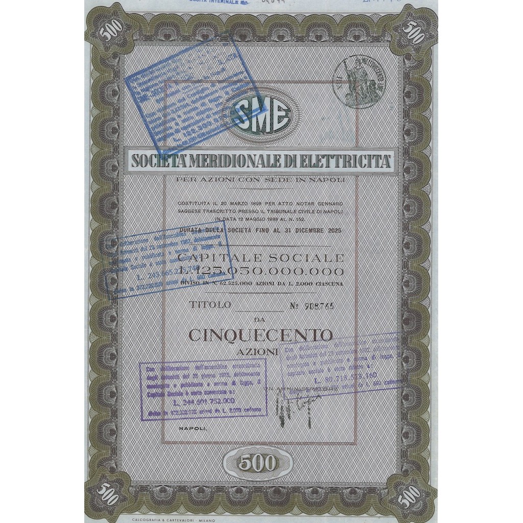 SME MERIDIONALE DI ELETTRICITA` 500 AZIONI NAPOLI 1962