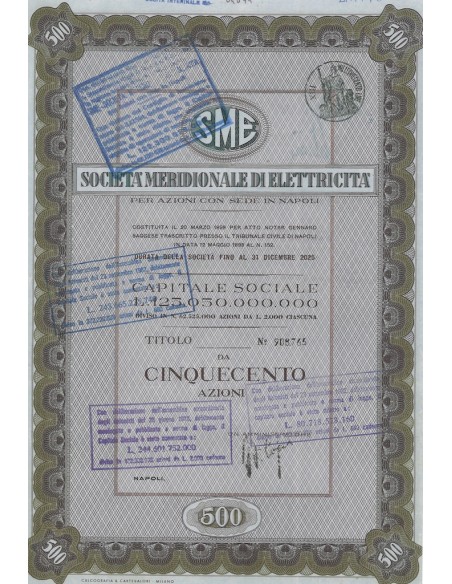 SME MERIDIONALE DI ELETTRICITA` 500 AZIONI NAPOLI 1962