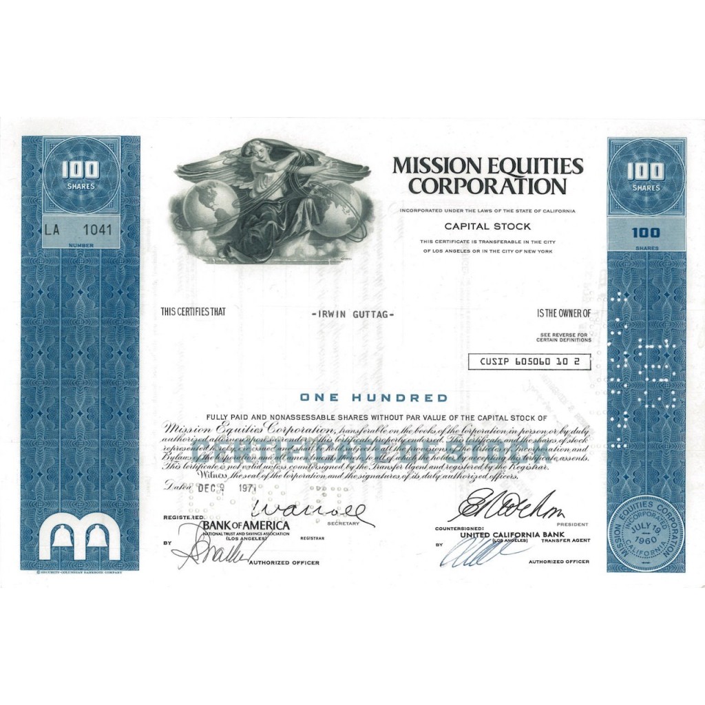 MISSION EQUITIES CORPORATION - 100 AZIONI - 1971