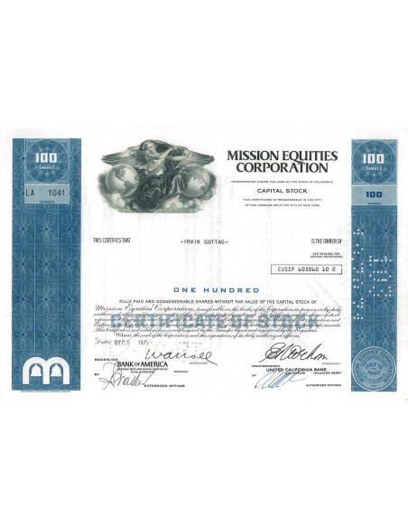MISSION EQUITIES CORPORATION - 100 AZIONI - 1971