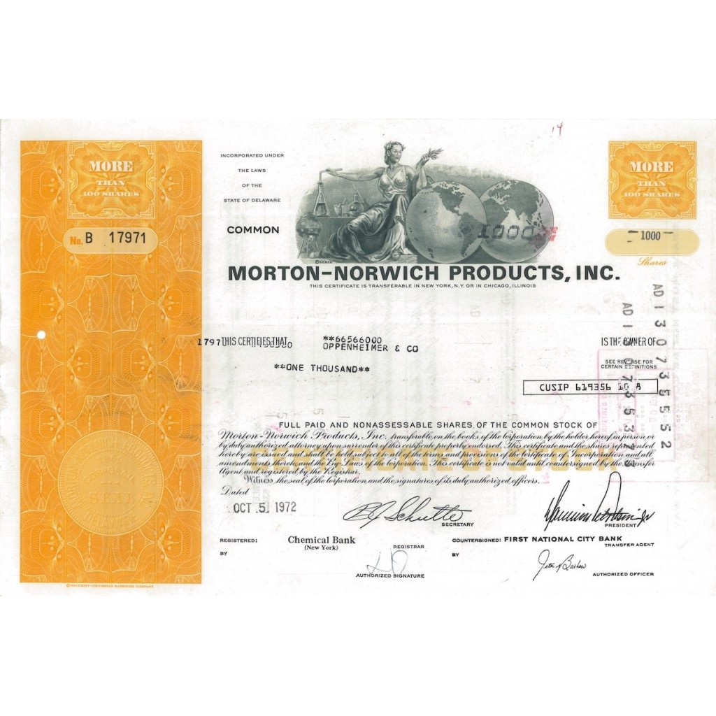 MORTON-NORWICH PRODUCTS, INC. - 1000 AZIONI - 1972