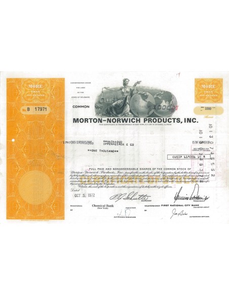 MORTON-NORWICH PRODUCTS, INC. - 1000 AZIONI - 1972