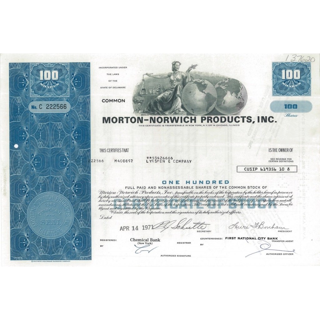 MORTON-NORWICH PRODUCTS, INC. - 100 AZIONI - 1971