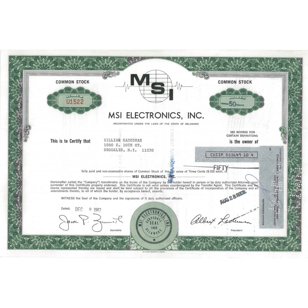 MSI ELECTRONICS, INC. 50 AZIONI - 1982