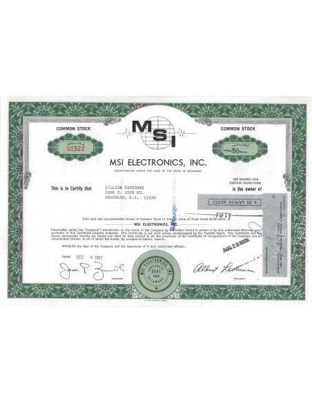 MSI ELECTRONICS, INC. 50 AZIONI - 1982