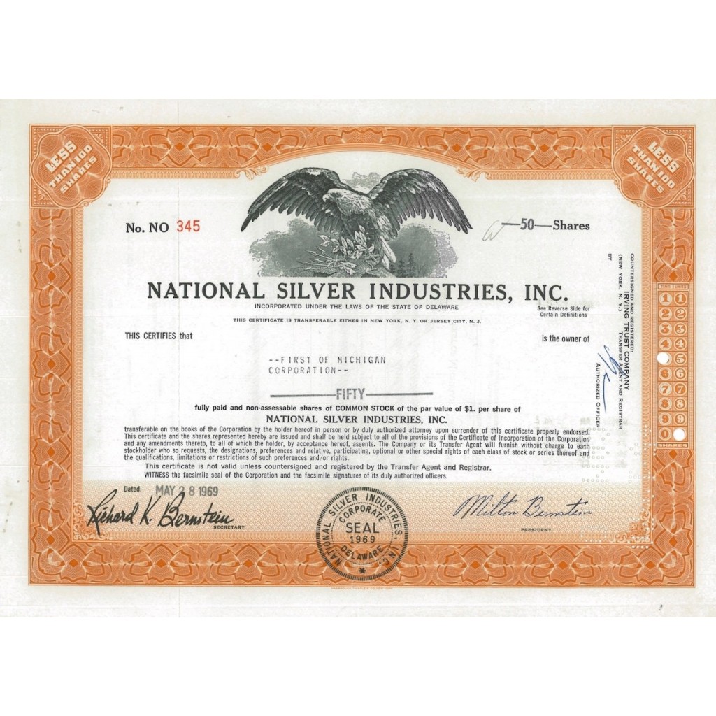 NATIONAL SILVER INDUSTRIES, INC. - 50 AZIONI - 1969