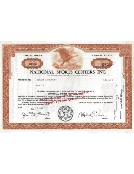 NATIONAL SPORTS CENTERS, INC. - 50 AZIONI - 1960