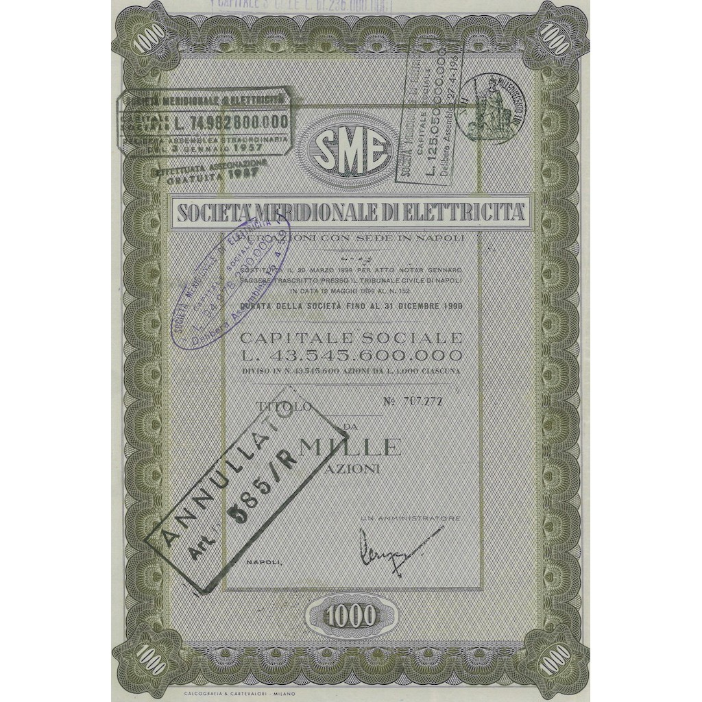 SME MERIDIONALE DI ELETTRICITA` 1000 AZIONI NAPOLI 1951
