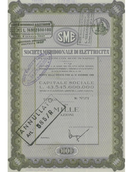 SME MERIDIONALE DI ELETTRICITA` 1000 AZIONI NAPOLI 1951
