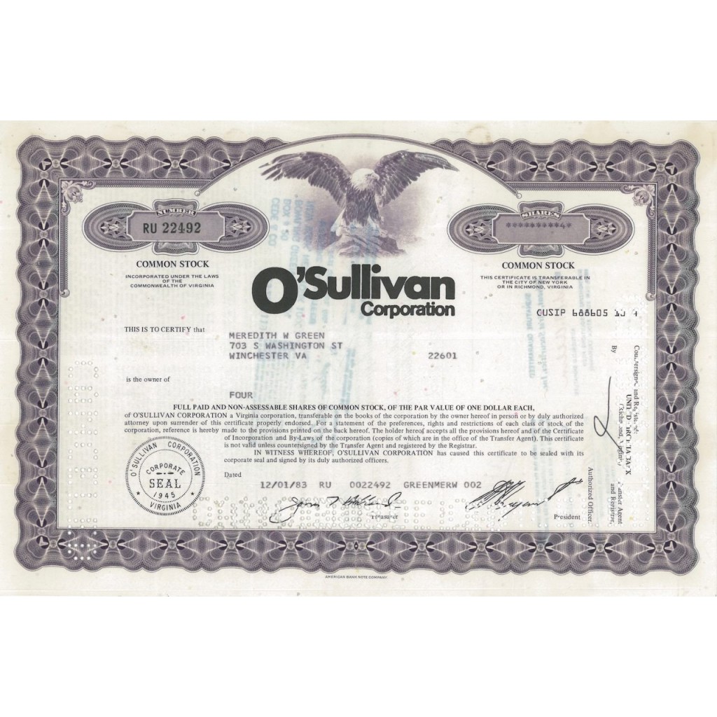 O'SULLIVAN CORPORATION - 4 AZIONI - 1984