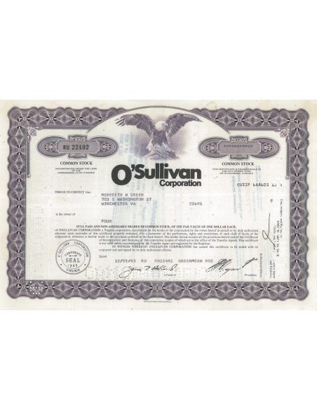 O'SULLIVAN CORPORATION - 4 AZIONI - 1984
